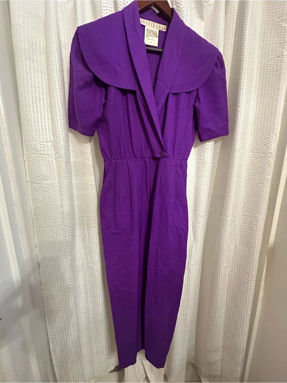 Vintage Tailored Short-Sleeve Purple Jumpsuit with Shawl Collar
